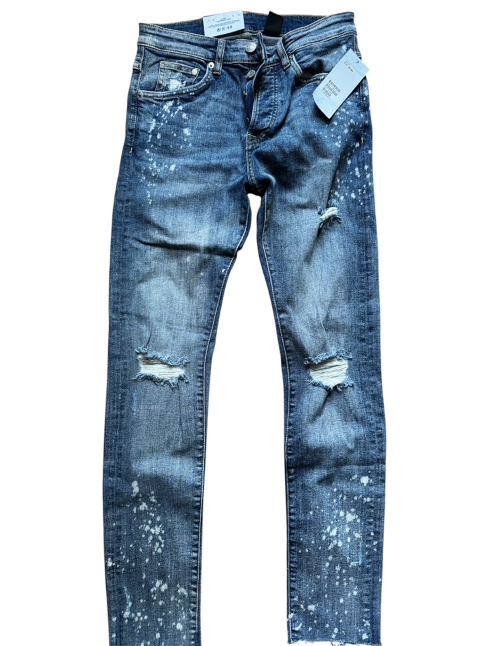 Distressed Blue Paint-Splatter Skinny Jeans